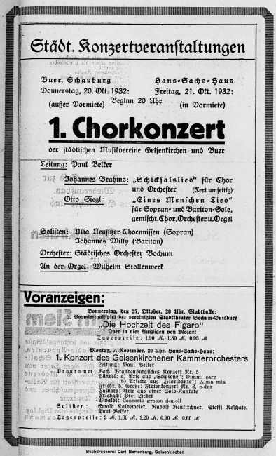 Programmzettel: Chorkonzert mit Wilhelm Stollenwerk an der Orgel, 20.10.1932.