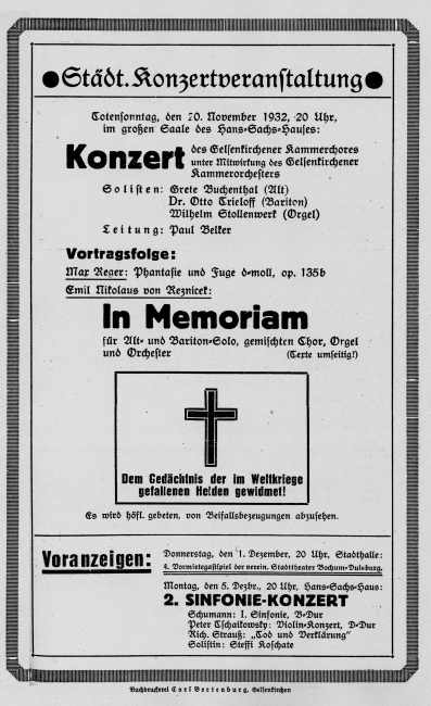Programmzettel: Konzert zum Totensonntag mit Wilhelm Stollenwerk an der Orgel, 20.11.1932.