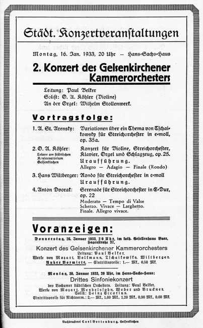 Programmzettel: Konzert des Gelsenkirchener Kammerorchesters mit Wilhelm Stollenwerk an der Orgel, 16.01.1933.