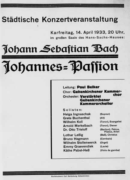 Programmzettel: Johannes-Passion mit Wilhelm Stollenwerk an der Orgel, 14.04.1933.