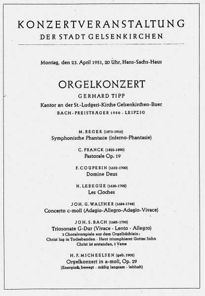 Programmzettel zum Orgelkonzert mit Gerhard Tipp am 23.04.1951.