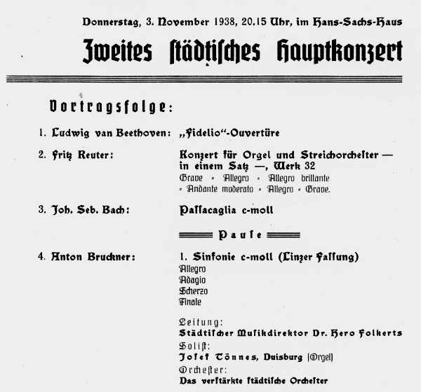 Programmzettel: Städtisches Hauptkonzert mit Josef Tönnes an der Orgel, 03.11.1938.