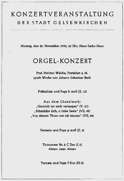 Programmzettel zum Orgelkonzert mit Helmut Walcha am 20.11.1950.
