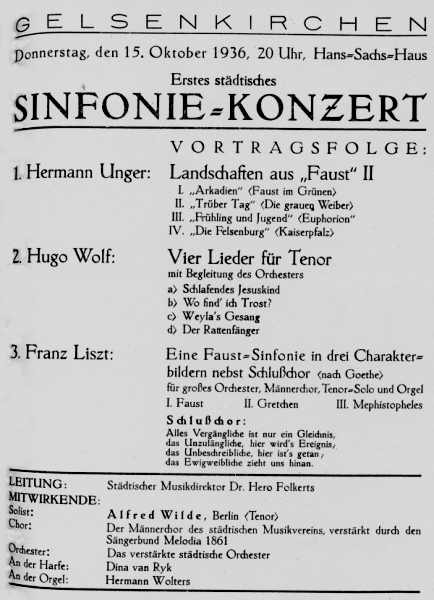 Programmzettel: Sinfoniekonzert mit Hermann Wolters an der Orgel, 15.10.1936.